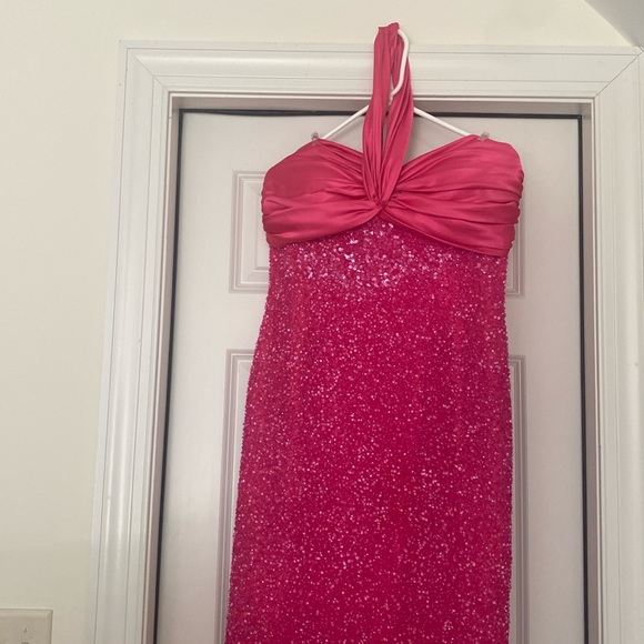 SCALA Halter Double Wrap Open Back Hot Pink Sequined Gown XXL - Picture 8 of 8
